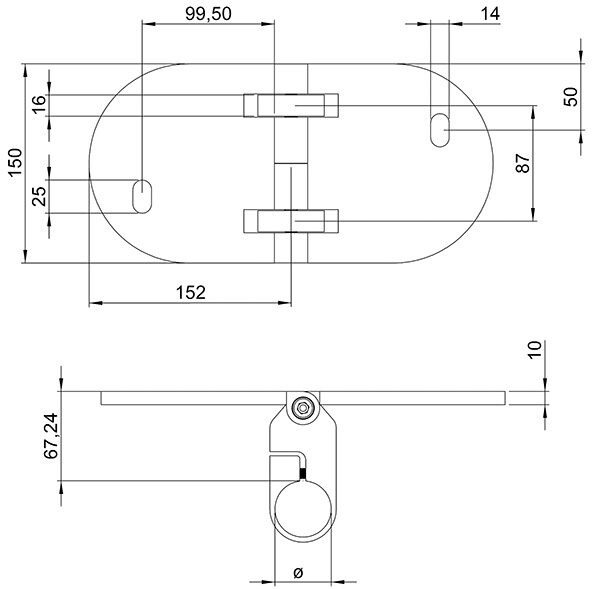 Wandbefestigung für Geländerpfosten als Ecke, Platte 304x150x10mm, mit 2x 25x14mm Langloch, mit 2 Spannringen, Wandabstand: 67,24mm, für Rohr 42,4mm, passend zu 60201-240, V2A