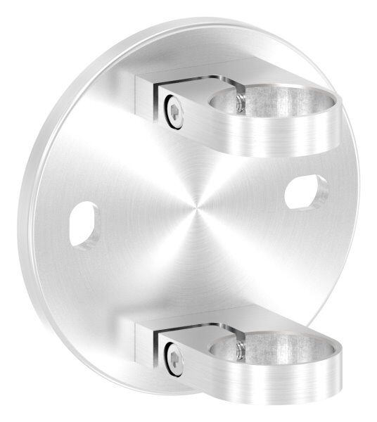 Wandbefestigung für Geländerpfosten, Platte 150x10mm, mit 2x 20x14mm Langloch, mit 2 Spannringen, Wandabstand: 45mm, für Rohr 48,3mm, V2A