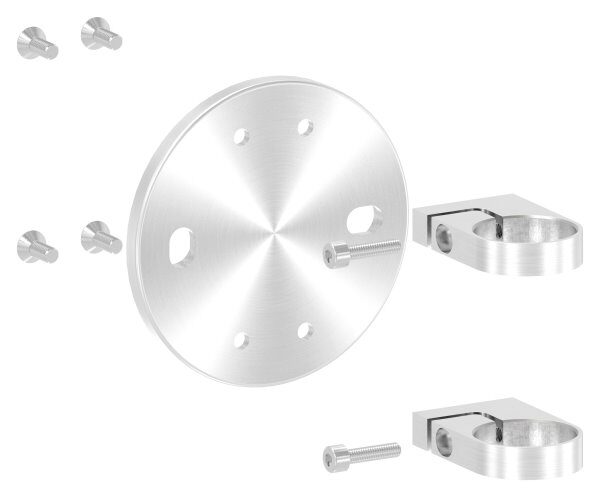 Wandbefestigung für Geländerpfosten, Platte 150x10mm, mit 2x 20x14mm Langloch, mit 2 Spannringen, Wandabstand: 45mm, für Rohr 48,3mm, V2A