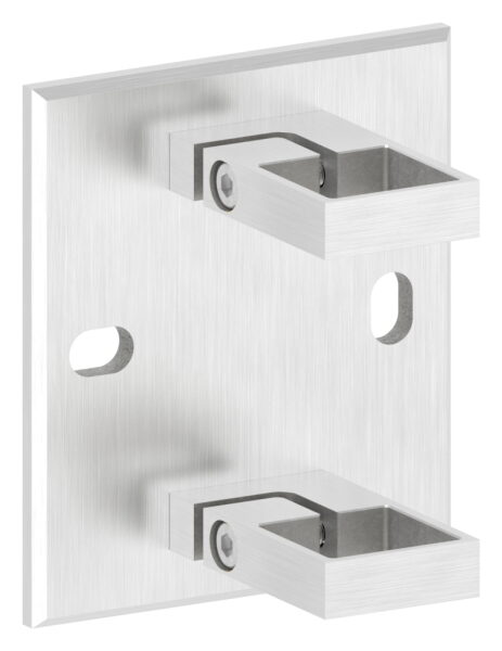 Wandbefestigung für Geländerpfosten, Platte 130x150x8mm, mit 2x 20x13mm Langloch, mit 2 Spannringen, Wandabstand: 47mm, für Rohr 40x40mm, V2A