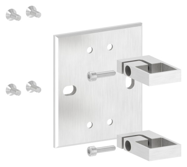 Wandbefestigung für Geländerpfosten, Platte 130x150x8mm, mit 2x 20x13mm Langloch, mit 2 Spannringen, Wandabstand: 47mm, für Rohr 40x40mm, V2A