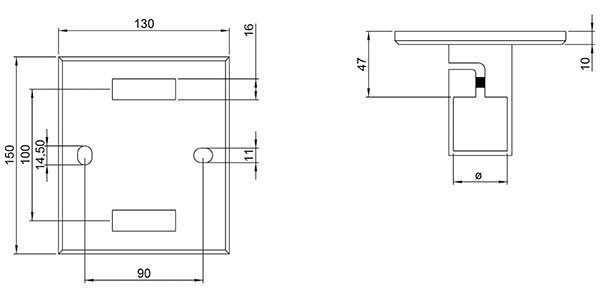 Wandbefestigung für Geländerpfosten, Platte 130x150x8mm, mit 2x 20x13mm Langloch, mit 2 Spannringen, Wandabstand: 47mm, für Rohr 40x40mm, V2A