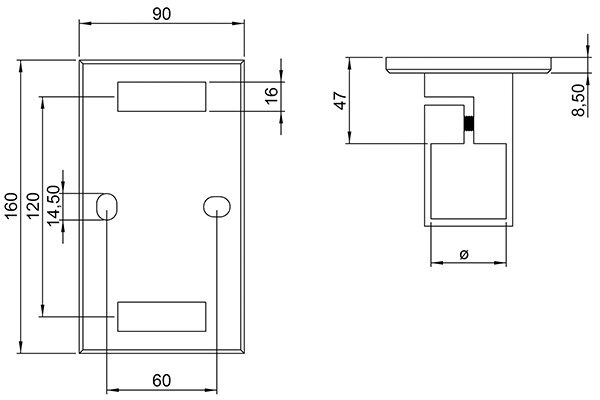 Wandbefestigung für Geländerpfosten, Platte 160x90x8mm, mit 2x 14,5x11mm Langloch, mit 2 Spannringen, Wandabstand: 47mm, für Rohr 40x40mm, V2A