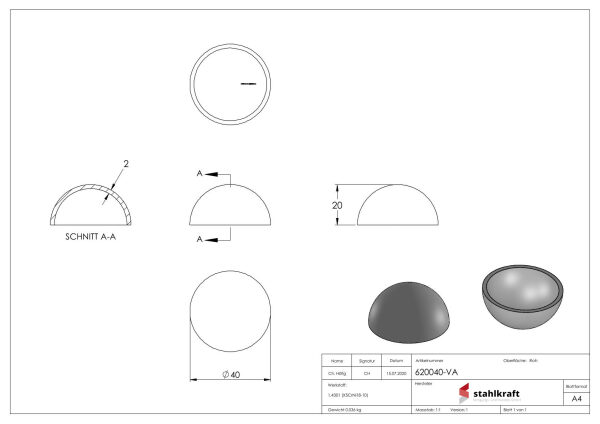 Halbhohlkugel, Ø 40x2,0mm, ungeschliffen, V2A