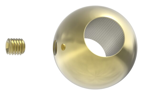 Messingkugel, Ø 25mm, mit Durchgangsbohrung 12,2mm und seitlicher Madenschraube M5, aus Edelstahl V2A, Messing beschichtet, für den Außenbereich geeignet