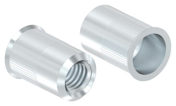 Blind-Einnietmutter M6 mit kleinem Senkkopf, metrisch,  verzinkt
max. Wandstärke vom Rohr 0,5 - 3,0mm
max. Anzugsdrehmoment 10,0Nm