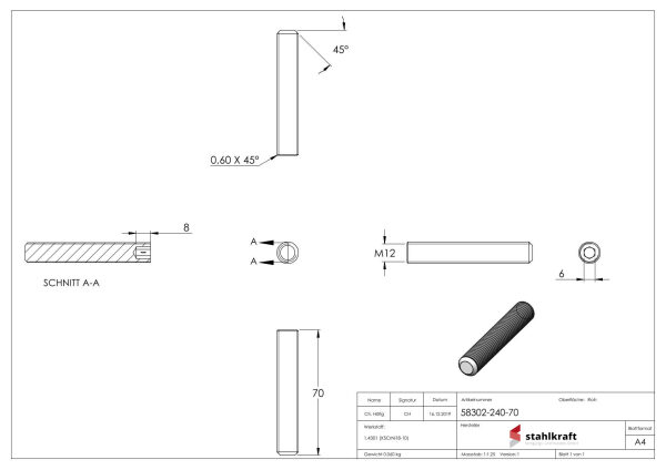 Gewindestift M12x70 mit Innensechskant und Kegelkuppe, V2A, DIN 913 / ISO 4026