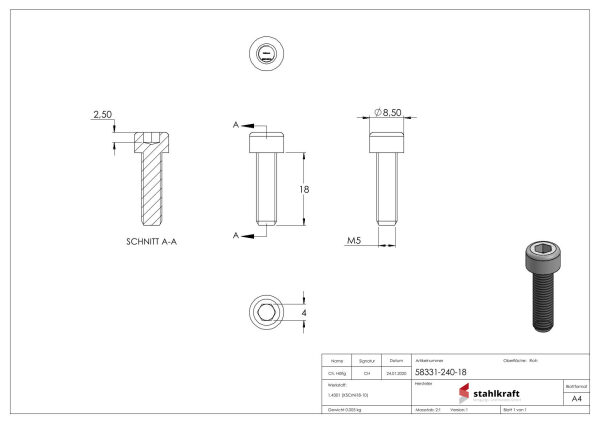 Zylinderkopfschraube M5x18 mit Innensechskant, V2A, DIN 912
