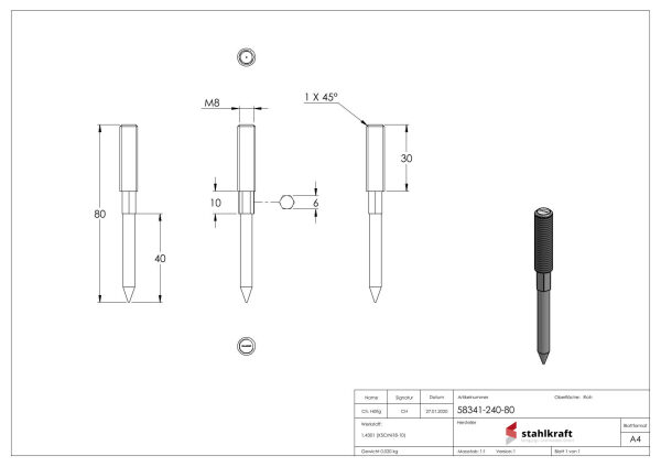 Stockschraube M8x80mm, V2A