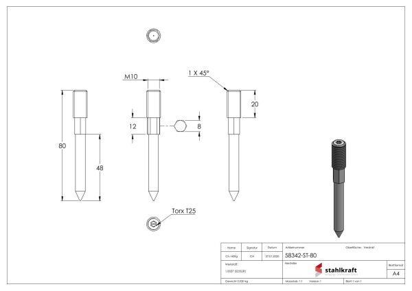 Stockschraube M10x80mm, Stahl verzinkt