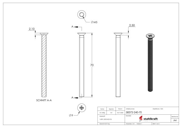 Senkkopfschraube M5x70 mit Phillips-Kreuzschlitz H, V2A, DIN 965