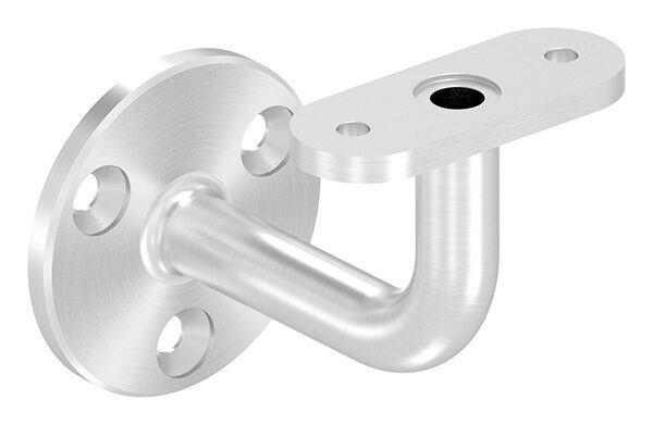 Handlaufhalter mit Kabeldurchführung für LED Handläufe, mit gerader Anschlussplatte, Ronde 60x5mm, Bügel Ø 14mm, innen hohl Ø 10mm, Wandabstand bis Mitte Handlauf 75mm, 3x6,5mm Bohrungen gesenkt, aus einem Teil, V2A