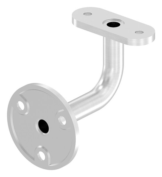Handlaufhalter mit Kabeldurchführung für LED Handläufe, mit gerader Anschlussplatte, Ronde 60x5mm, Bügel Ø 14mm, innen hohl Ø 10mm, Wandabstand bis Mitte Handlauf 75mm, 3x6,5mm Bohrungen gesenkt, aus einem Teil, V2A