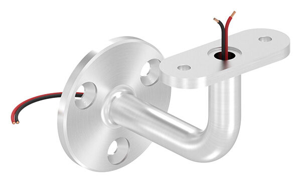Handlaufhalter mit Kabeldurchführung für LED Handläufe, mit gerader Anschlussplatte, Ronde 60x5mm, Bügel Ø 14mm, innen hohl Ø 10mm, Wandabstand bis Mitte Handlauf 75mm, 3x6,5mm Bohrungen gesenkt, aus einem Teil, V2A