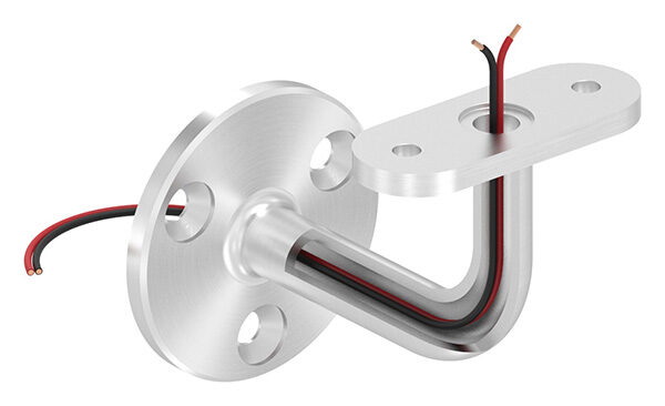 Handlaufhalter mit Kabeldurchführung für LED Handläufe, mit gerader Anschlussplatte, Ronde 60x5mm, Bügel Ø 14mm, innen hohl Ø 10mm, Wandabstand bis Mitte Handlauf 75mm, 3x6,5mm Bohrungen gesenkt, aus einem Teil, V2A