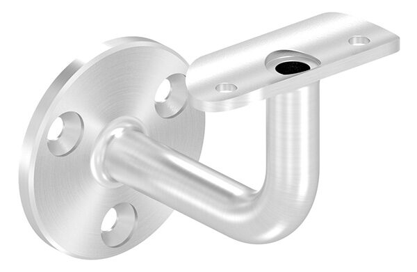 Handlaufhalter mit Kabeldurchführung für LED Handläufe, mit Anschlussplatte für Rohr 42,4mm, Ronde 60x5mm, Bügel Ø 14mm, innen hohl Ø 10mm, Wandabstand bis Mitte Handlauf 75mm, 3x6,5mm Bohrungen gesenkt, aus einem Teil, V2A
