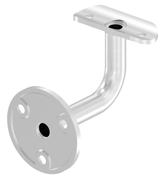Handlaufhalter mit Kabeldurchführung für LED Handläufe, mit Anschlussplatte für Rohr 42,4mm, Ronde 60x5mm, Bügel Ø 14mm, innen hohl Ø 10mm, Wandabstand bis Mitte Handlauf 75mm, 3x6,5mm Bohrungen gesenkt, aus einem Teil, V2A