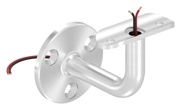 Handlaufhalter mit Kabeldurchführung für LED Handläufe, mit Anschlussplatte für Rohr 42,4mm, Ronde 60x5mm, Bügel Ø 14mm, innen hohl Ø 10mm, Wandabstand bis Mitte Handlauf 75mm, 3x6,5mm Bohrungen gesenkt, aus einem Teil, V2A