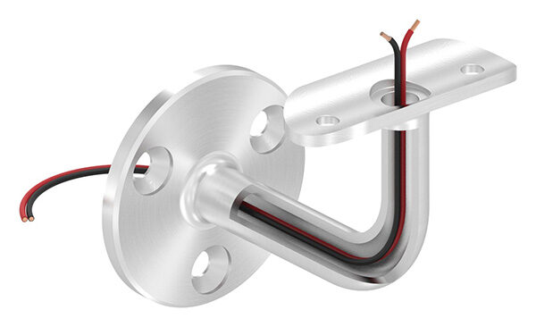 Handlaufhalter mit Kabeldurchführung für LED Handläufe, mit Anschlussplatte für Rohr 42,4mm, Ronde 60x5mm, Bügel Ø 14mm, innen hohl Ø 10mm, Wandabstand bis Mitte Handlauf 75mm, 3x6,5mm Bohrungen gesenkt, aus einem Teil, V2A