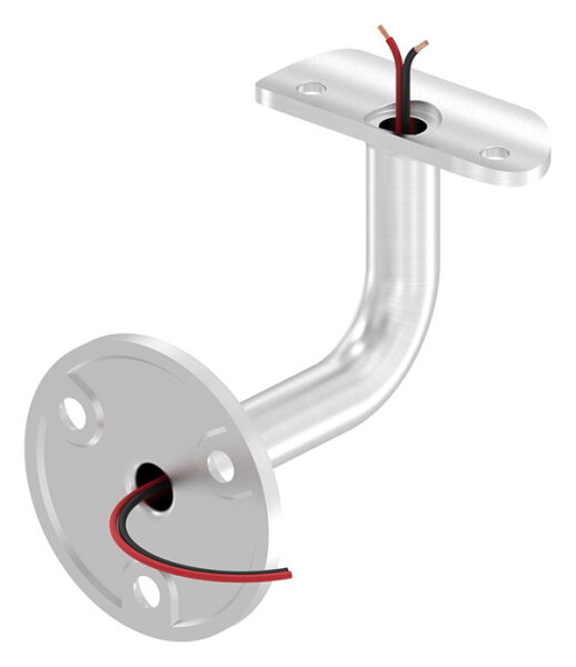 Handlaufhalter mit Kabeldurchführung für LED Handläufe, mit Anschlussplatte für Rohr 42,4mm, Ronde 60x5mm, Bügel Ø 14mm, innen hohl Ø 10mm, Wandabstand bis Mitte Handlauf 75mm, 3x6,5mm Bohrungen gesenkt, aus einem Teil, V2A