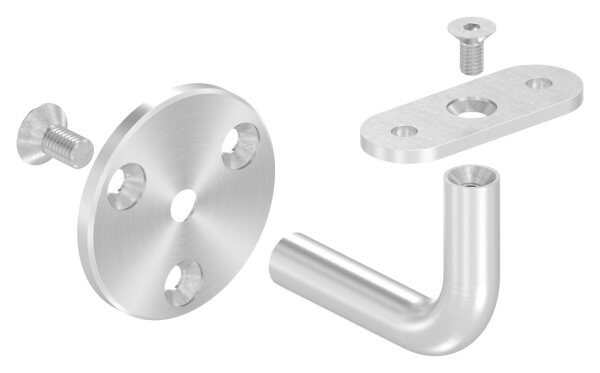 Handlaufhalter ohne Kabeldurchführung ohne Kabelführung, jedoch passend zu Halter mit Kabelführung, mit gerader Anschlussplatte, Ronde 60x5mm, Bügel Ø 14mm, Wandabstand bis Mitte Handlauf 75mm, 3x6,5mm Bohrungen gesenkt, V4A