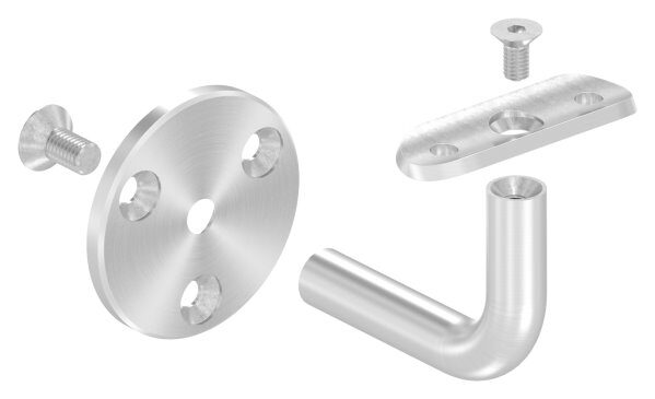 Handlaufhalter ohne Kabeldurchführung ohne Kabelführung, jedoch passend zu Halter mit Kabelführung, mit  Anschlussplatte für Rohr 42,4mm, Ronde 60x5mm, Bügel Ø 14mm, Wandabstand bis Mitte Handlauf 75mm, 3x6,5mm Bohrungen gesenkt, V4A