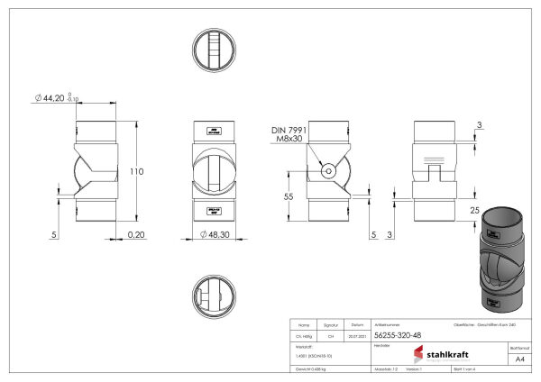 Gelenkstück hohl für Kabeldurchführung, zum Stecken, für Rohr 48,3x2,0mm, V2A