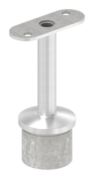 Rohrabschlussstopfen mit Stift und Handlaufanschlussplatte aus einem Teil, hohl, für LED Handlauf, für Rohr 42,4x2,5mm, Stift Ø 14mm, innen Ø 9mm hohl, Handlaufanschlussplatte flach mit versetzten Bohrungen, H: 80,5mm, V4A