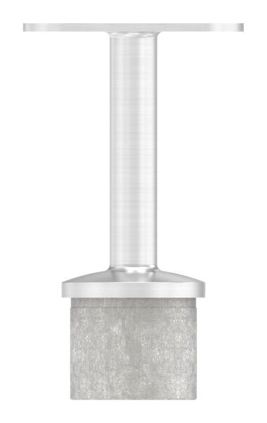 Rohrabschlussstopfen mit Stift und Handlaufanschlussplatte aus einem Teil, hohl, für LED Handlauf, für Rohr 42,4x2,5mm, Stift Ø 14mm, innen Ø 9mm hohl, Handlaufanschlussplatte flach mit versetzten Bohrungen, H: 80,5mm, V4A