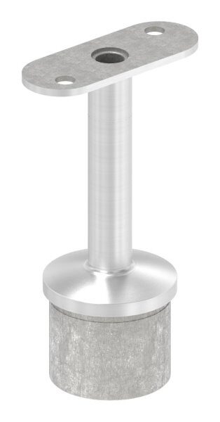Rohrabschlussstopfen mit Stift und Handlaufanschlussplatte aus einem Teil, hohl, für LED Handlauf, für Rohr 42,4x2,0mm, Stift Ø 14mm, innen Ø 9mm hohl, Handlaufanschlussplatte flach mit versetzten Bohrungen, H: 80,5mm, V4A