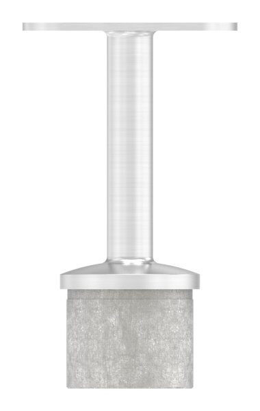 Rohrabschlussstopfen mit Stift und Handlaufanschlussplatte aus einem Teil, hohl, für LED Handlauf, für Rohr 42,4x2,0mm, Stift Ø 14mm, innen Ø 9mm hohl, Handlaufanschlussplatte flach mit versetzten Bohrungen, H: 80,5mm, V4A