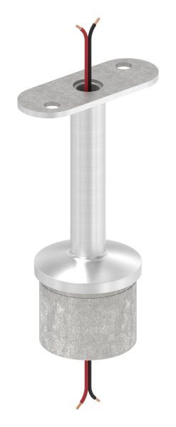 Rohrabschlussstopfen mit Stift und Handlaufanschlussplatte aus einem Teil, hohl, für LED Handlauf, für Rohr 42,4x2,0mm, Stift Ø 14mm, innen Ø 9mm hohl, Handlaufanschlussplatte flach mit versetzten Bohrungen, H: 80,5mm, V4A