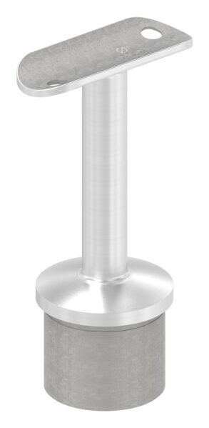 Rohrabschlussstopfen mit Stift und Handlaufanschlussplatte aus einem Teil, für Rohr 42,4x2,5mm, zum Einkleben, Stift Ø 14mm, Handlaufanschlussplatte für Rohr 42,4mm mit versetzten Bohrungen, H: 80mm, V4A