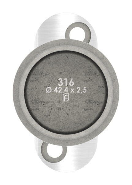 Rohrabschlussstopfen mit Stift und Handlaufanschlussplatte aus einem Teil, für Rohr 42,4x2,5mm, zum Einkleben, Stift Ø 14mm, Handlaufanschlussplatte für Rohr 42,4mm mit versetzten Bohrungen, H: 80mm, V4A