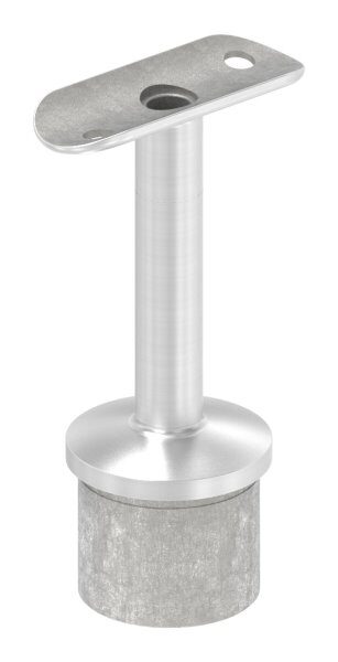 Rohrabschlussstopfen mit Stift und Handlaufanschlussplatte aus einem Teil, hohl, für LED Handlauf, für Rohr 42,4x2,5mm, Stift Ø 14mm, innen Ø 9mm hohl, Handlaufanschlussplatte für Rohr 42,4mm mit versetzten Bohrungen, H: 80,5mm, V4A