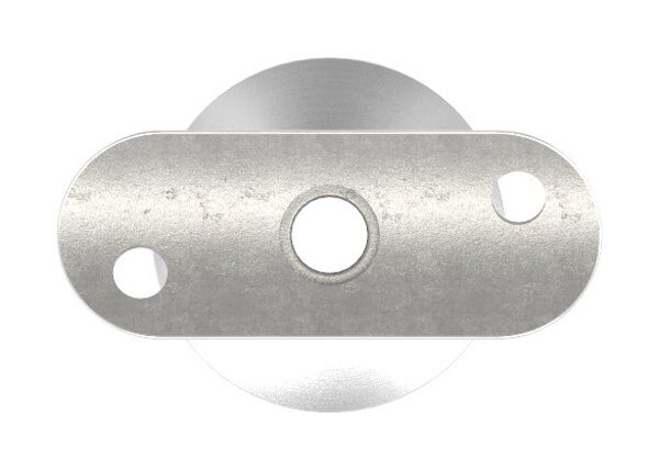 Rohrabschlussstopfen mit Stift und Handlaufanschlussplatte aus einem Teil, hohl, für LED Handlauf, für Rohr 42,4x2,5mm, Stift Ø 14mm, innen Ø 9mm hohl, Handlaufanschlussplatte für Rohr 42,4mm mit versetzten Bohrungen, H: 80,5mm, V4A