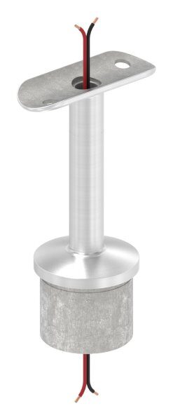 Rohrabschlussstopfen mit Stift und Handlaufanschlussplatte aus einem Teil, hohl, für LED Handlauf, für Rohr 42,4x2,5mm, Stift Ø 14mm, innen Ø 9mm hohl, Handlaufanschlussplatte für Rohr 42,4mm mit versetzten Bohrungen, H: 80,5mm, V4A
