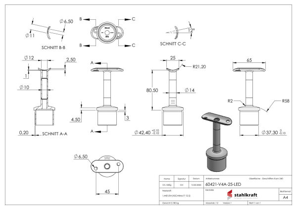 Rohrabschlussstopfen mit Stift und Handlaufanschlussplatte aus einem Teil, hohl, für LED Handlauf, für Rohr 42,4x2,5mm, Stift Ø 14mm, innen Ø 9mm hohl, Handlaufanschlussplatte für Rohr 42,4mm mit versetzten Bohrungen, H: 80,5mm, V4A