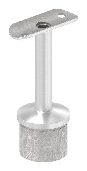 Rohrabschlussstopfen mit Stift und Handlaufanschlussplatte aus einem Teil, hohl, für LED Handlauf, für Rohr 42,4x2,0mm, Stift Ø 14mm, innen Ø 9mm hohl, Handlaufanschlussplatte für Rohr 42,4mm mit versetzten Bohrungen, H: 80,5mm, V4A