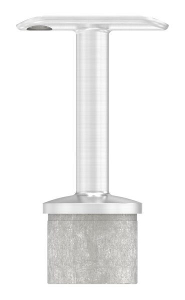 Rohrabschlussstopfen mit Stift und Handlaufanschlussplatte aus einem Teil, hohl, für LED Handlauf, für Rohr 42,4x2,0mm, Stift Ø 14mm, innen Ø 9mm hohl, Handlaufanschlussplatte für Rohr 42,4mm mit versetzten Bohrungen, H: 80,5mm, V4A