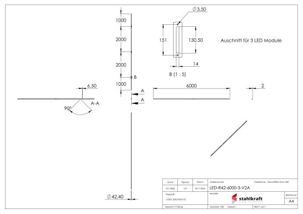 Edelstahlrohr 42,4x2,0mm mit 3x Ausschnitt für LED...