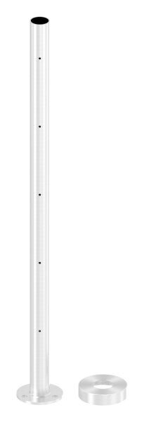 Edelstahlpfosten 42,4x2,0mm V2A zur Bodenmontage, H: 880mm, Ronde und Rohr verschweißt,
mit 5x Fließformgewinde M6, Ankerplatte und Rohr verschweißt. incl. 1x  Abdeckrosette