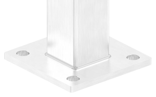 Edelstahlpfosten 40x40x2,0mm V2A zur Bodenmontage, H: 880mm, Ronde und Rohr verschweißt,
mit 4x Fließformgewinde M8, 180° versetzt, inkl. Ankerplatte und Abdeckrosette