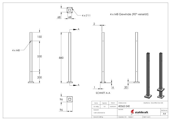 Edelstahlpfosten 40x40x2,0mm V2A zur Bodenmontage, H: 880mm, Ronde und Rohr verschweißt,
mit 4x Fließformgewinde M8, 90° versetzt, inkl. Ankerplatte und Abdeckrosette