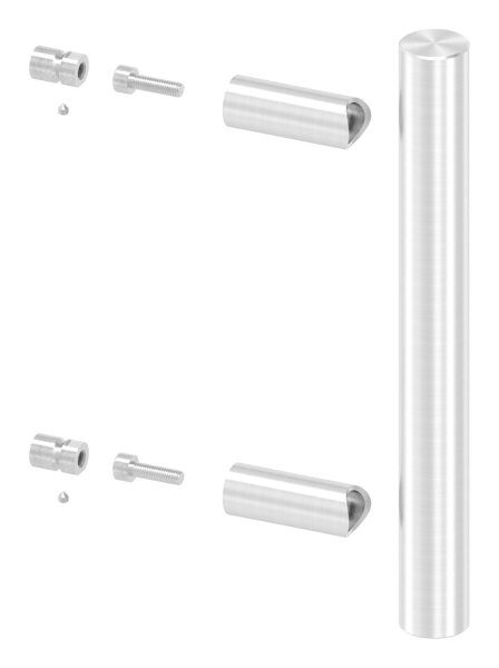 Stoßgriff inkl. Halter gerade Ø 33,7mm, L: 300mm, mit 2x Fließformgewinde M8 mit Abstand 200mm, oben und unten flach verschlossen, geschliffen K240, V2A 
bestehend aus: