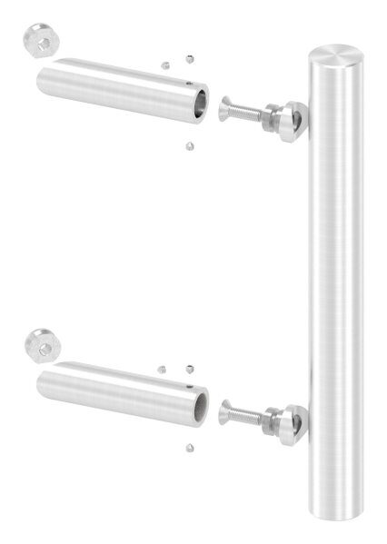Stoßgriff inkl. Halter mit 45° Schräge 45°, Ø 33,7mm, L: 300mm, mit 2x Fließformgewinde M8 mit Abstand 200mm, oben und unten flach verschlossen, geschliffen K240, V2A 
bestehend aus: