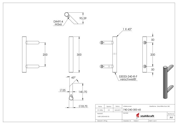 Stoßgriff inkl. Halter mit 45° Schräge 45°, Ø 33,7mm, L: 300mm, mit 2x Fließformgewinde M8 mit Abstand 200mm, oben und unten flach verschlossen, geschliffen K240, V2A 
bestehend aus: