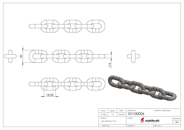 Edelstahlkette DIN 766, kurzgliedrig, Ø 6mm, V4A...