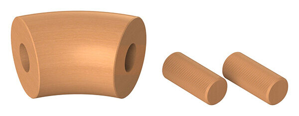 45° Bogen für Holzhandlauf Buche, Ø 42mm, geschliffen und lackiert, inkl. Dübelbohrung und Dübel:  (15x35mm)
- nur für den Innenbereich geeignet -