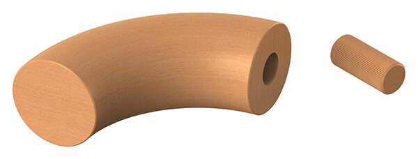 90° Endbogen für Holzhandlauf Buche, Ø 42mm, geschliffen und lackiert, inkl. Dübelbohrung und Dübel:  (15x35mm)
- nur für den Innenbereich geeignet -
